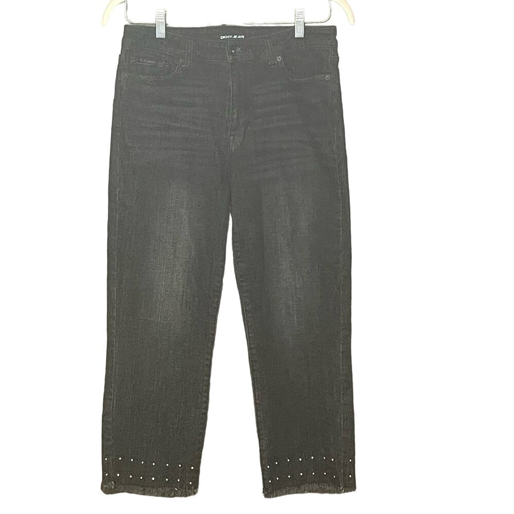 DKNY jeans black cropped frayed hem studded 5 pocket women’s size 10 30 waist
